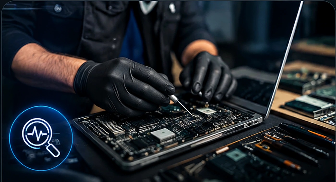 Technicien réalisant un diagnostic et une réparation informatique